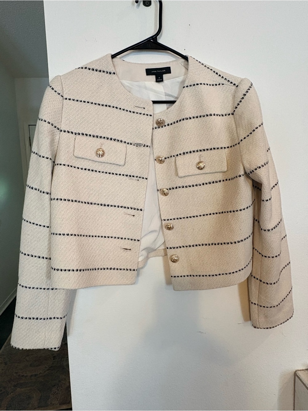 Ann Taylor Cream Jacket with Navy Stripe Trim and Gold Buttons